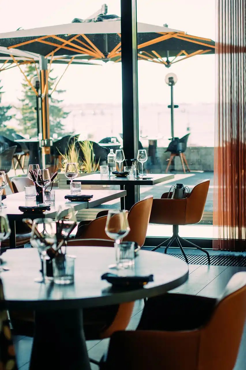 Elegant restaurant interior with modern design and sea view